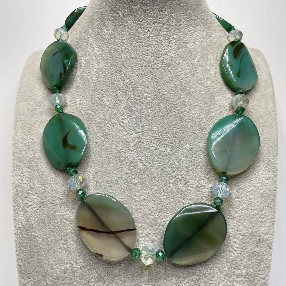 Artisan Handcrafted Blue Green Agate Gemstone Chunky Bold Necklace Beaded